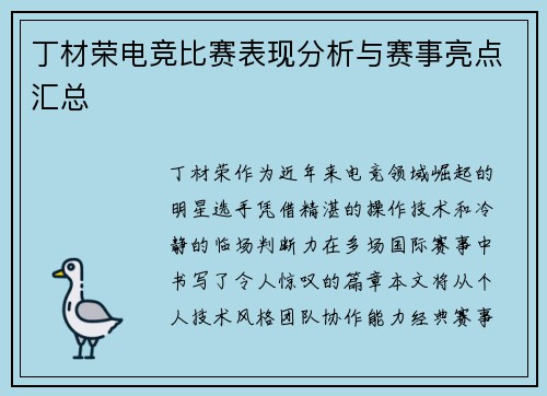 丁材荣电竞比赛表现分析与赛事亮点汇总